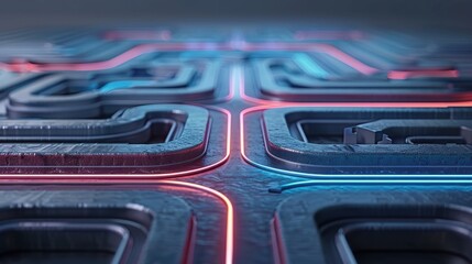 Obraz premium Futuristic cyber circuit board with glowing neon lines in blue and red hues, representing technology and connectivity.