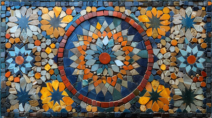 Fototapeta premium A vibrant mosaic artwork featuring a circular pattern with various shapes and colorful tiles in shades of blue, orange, yellow, and brown. The artwork displays an intricate design.