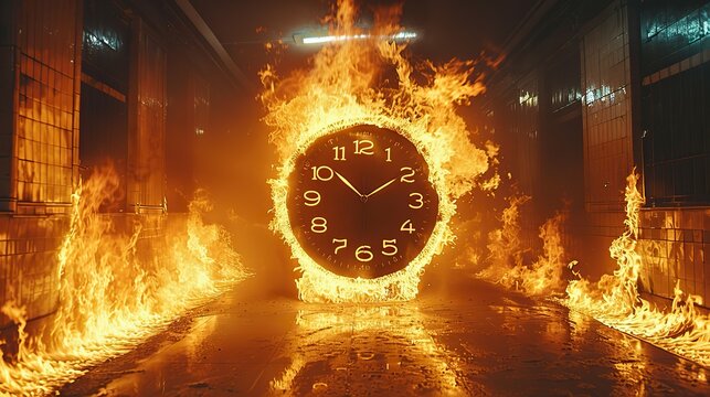 Time is urgency burns hot, fueled by an alarm blaze and rush hour pressure. illustration images
