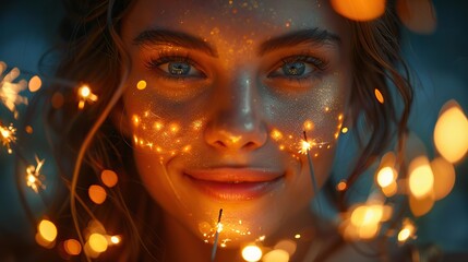 Children celebrate with sparklers on a summer evening, their faces illuminated by the gentle glow. illustration images