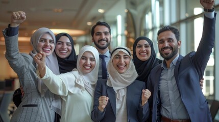 Diverse group of Arab business professionals enthusiastically celebrating a significant milestone or achievement together in the office setting