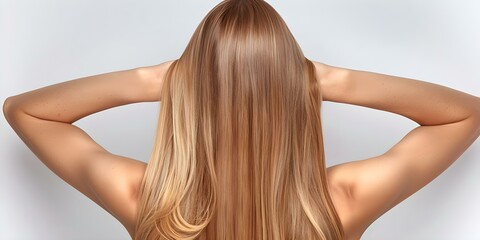 Naklejka premium Woman with freshly dyed balayage showcasing beautiful long hair. Concept Haircare, Balayage, Long Hair, Woman, Hair Styling