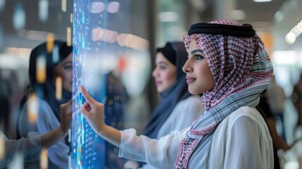 Arab business professionals using interactive digital whiteboard for project planning team discussion and data analysis in modern office setting