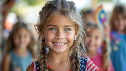 Fototapeta premium On the Fourth of July, American children celebrate with patriotic enthusiasm, waving flags and wearing colorful costumes, as natural light casts soft shadows on their joyous holiday outfits.