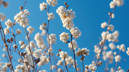 Fototapeta premium Cotton Flower Branch Close-Ups: Detailed Views Against Clear Blue Sky. Simple Imagery in Soft Light and Large Aperture Photography.