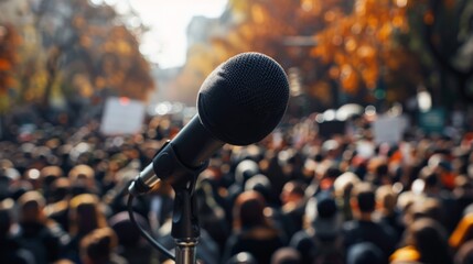 Podium at the front of a protest rally with a crowd of demonstrators