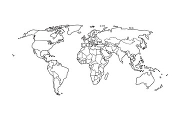 Map of the world isolated on transparent background. World map template with continents. Globe similar world map icon. Travel worldwide, map silhouette backdrop. World map vector.