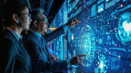 Futuristic digital brainstorming tool being used by an Asian business team as they collaborate on a large interactive screen  The team is analyzing data visualizing information