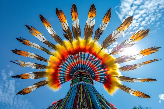 A person wearing a Native American headdress. The headdress is made of colorful feathers and beads.