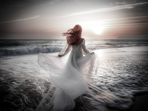 bel&iacute;ssima. mulher ruiva anda em um vestido branco esvoa&ccedil;ante ao vento sentindo as ondas do mar quebrarem aos seus pes