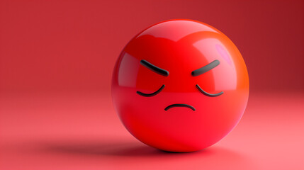 Fototapeta premium Round 3d red angry emoji face on a red background. High-resolution. angry face emoji in 3D illustration style on a colorful background. Angry Emoji Face on Blue Sphere - Minimalistic 3D Rendering.
