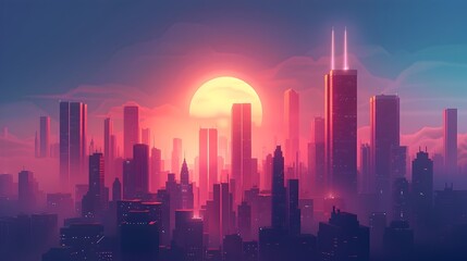 Vibrant Futuristic Cityscape with Glowing Skyscrapers at Sunset