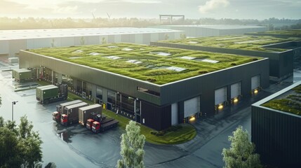 A modern energy efficient warehouse with a verdant green roof and electric forklifts