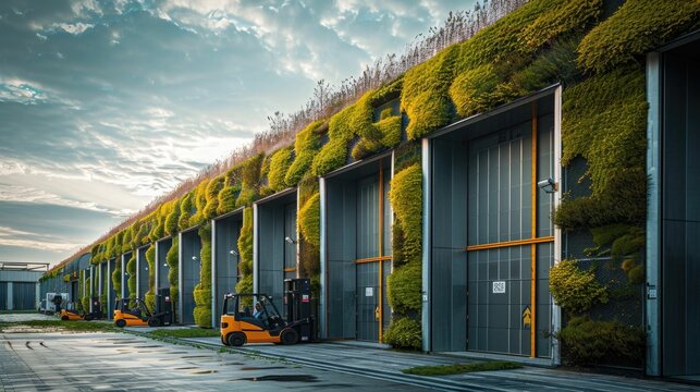 A modern warehouse facility showcasing eco friendly logistics practices with a lush green roof and electric forklifts