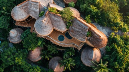 Bamboo and thatch roofing with lowimpact building design and ecofriendly materials, top view, showcasing sustainable architecture, futuristic tone, vivid