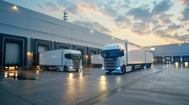 Hydrogen powered trucks loading and unloading at a green  sustainable logistics hub  emphasizing the use of clean  renewable energy in the transportation and distribution industry  The modern