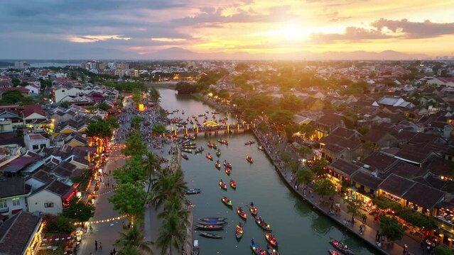 Drone  view of Hoi An Vietnam in Quang Nam Province It is a popular tourist attraction where colorful lantern boats sail on the river.