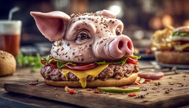Die obere H&auml;lfte des Burger`s ist ein halber Schweinekopf. Konzept: &Uuml;bergewicht und ungesunde Ern&auml;hrung.
