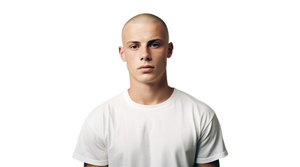 Portrait of confident bald man wearing white T-shirt, studio photo, isolated on transparent background