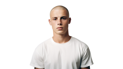 Portrait of confident bald man wearing white T-shirt, studio photo, isolated on transparent background