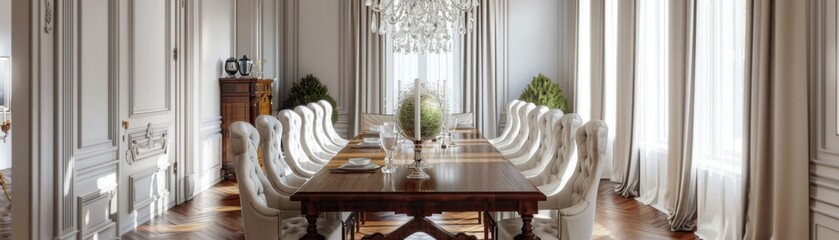 Classic Elegance in an Elegant Dining Room with Wooden Table, Stylish Chairs, and Chandelier