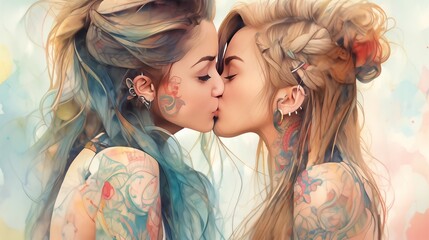 Tattoed woman, lesbian kiss, Erotic print, bodyart colorful poster, LGBTQ