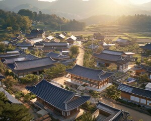 Fototapeta premium Sustainable community in a Korean village with cultural preservation architecture and renewable energy integration