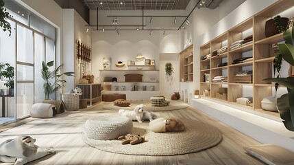 modern pet boutique with a chic design, offering high-end pet accessories, grooming services, and an indoor play area for dogs