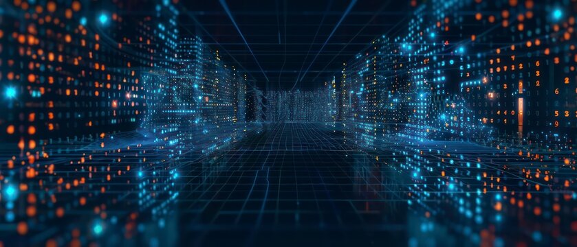 Digital illustrations in blue showcase computer codes and futuristic web designs. Virtual patterns define a future where technology meets business in digital landscapes