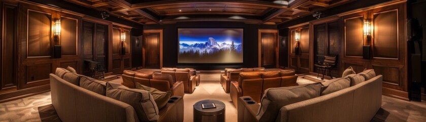 Luxurious Home Theater Experience: Comfortable Seating, Ambient Lighting, and Immersive Cinematic Design