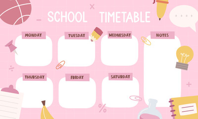 School timetable, decor elements, hand drawing lettering. Colorful vector illustration, flat style. design for cards, print, poster, cover	