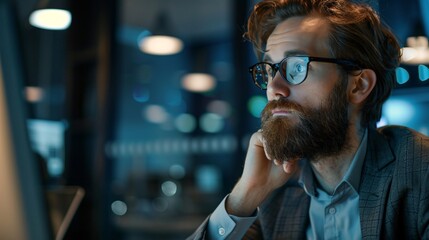 A young bearded man in eyeglasses and formal wear sits in a modern office, working on a computer...