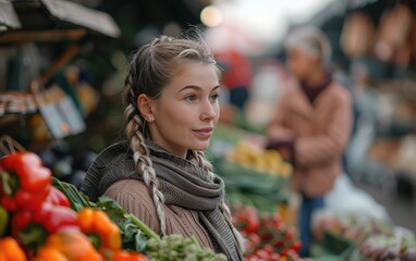 Woman With Braids Shopping For Produce At An Outdoor Market