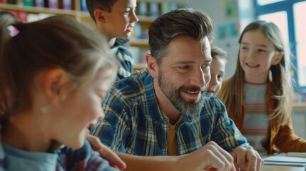 A teacher helping students with a literature assignment