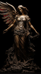 Elegant Bronze Angel Statue with Flowing Robes and Detailed Wings on Black Background