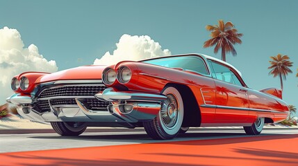 Classic Red Convertible Car Driving on Palm Tree Lined Road