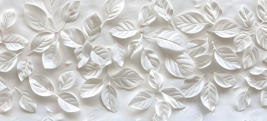 White background with intricate leaf patterns, perfect for creating elegant wall designs or wallpaper, featuring symmetrical leaves arranged in an artistic arrangement