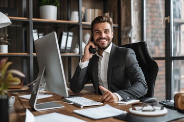 Confident businessman in a modern office, talking on the phone and smiling. The workspace is professional, organized, and stylish, conveying success and productivity. Generative AI