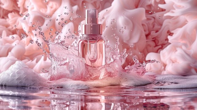 Pink serum bottle with a spray nozzle surrounded by frothy water waves in soft hues. The image conveys the essence of purity, care, and luxury in skincare products.