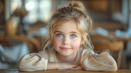 A young child with blonde hair, relaxing with crossed arms on a wooden table in a warm, inviting, and cozy vintage room, filled with natural light.