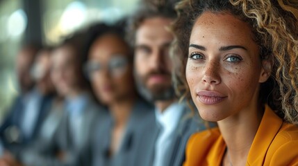 Obraz premium Diverse professionals collaborating in a boardroom meeting, showcasing multicultural representation. Blurry background provides ample copy space. illustration images