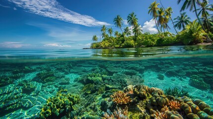 Idyllic island paradise with coconut palms, clear waters, and a vibrant coral reef AI generated