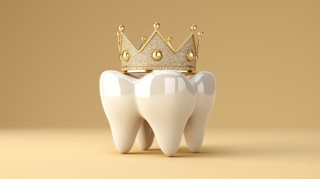 3d zirconia crown and white teeth root on yellow background, dental illustration with copy space