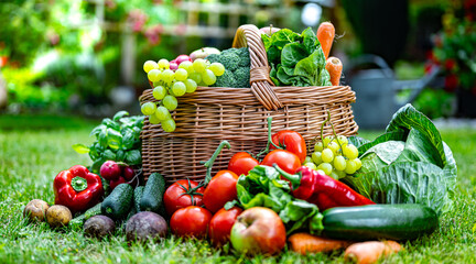 Wicker basket with vegetables and fruits in the garden
