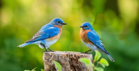 Fototapeta premium Bluebirds perched on a tree stump, with a natural background, scenic beautiful view
