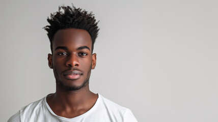 an African American man with a confident expression, set against a plain white background, focusing on facial features and natural beauty.