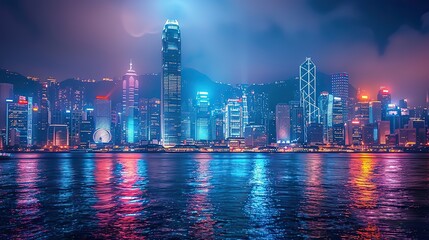 Fototapeta premium City lights illuminate skyscrapers, connecting communication networks in the financial hub. illustration images