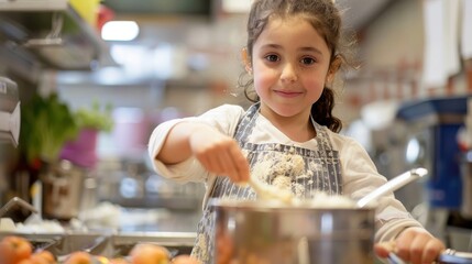 A child participating in a cooking lesson at school