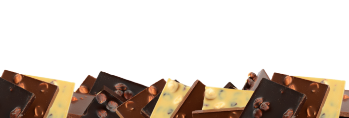Many big chocolate pieces with whole nuts isolated on transparent background. Cut out tasty dark, white, milk bars PNG. Food banner template. Photo for sweets shop advertising, candy packaging layout