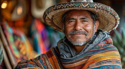 A man dressed in a colorful traditional poncho and hat, standing amidst a vibrant tribal market filled with diverse handicrafts and textiles, reflecting rich cultural heritage.